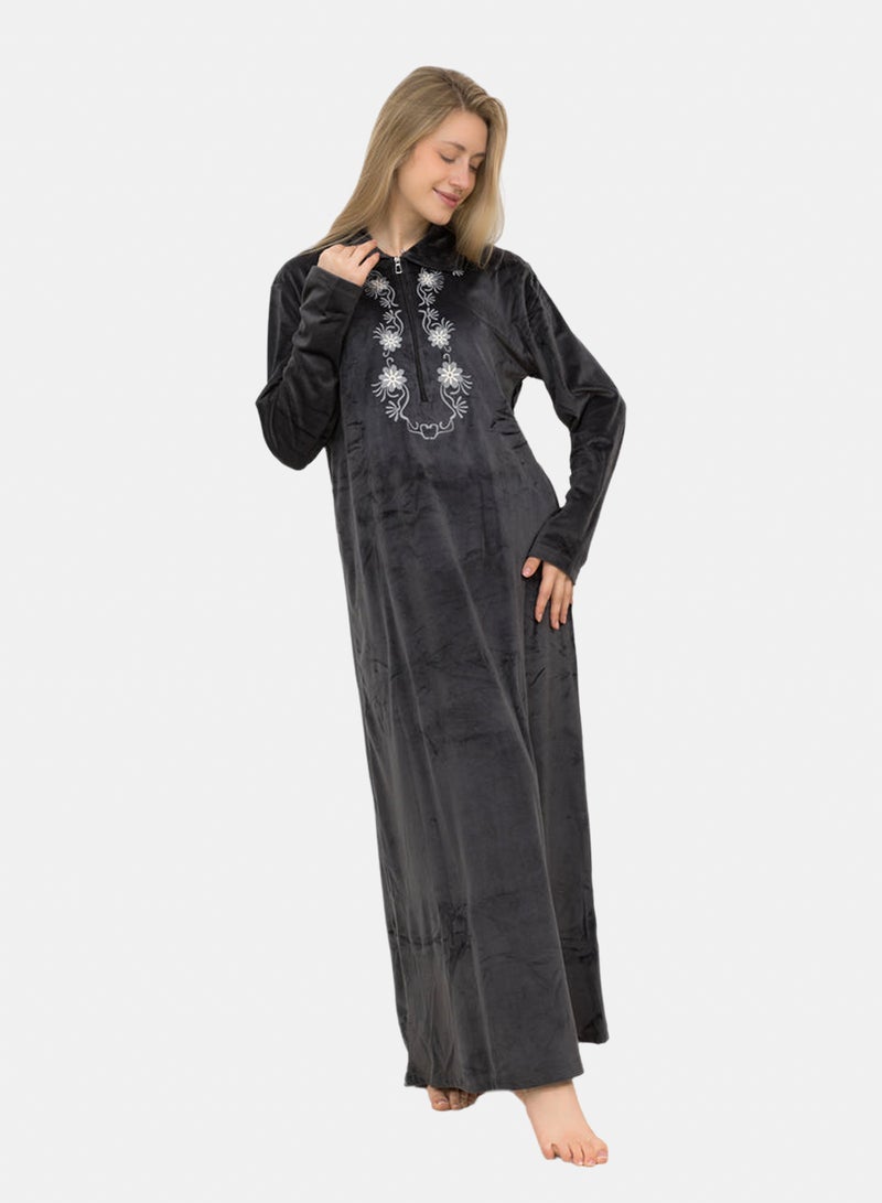 Elegant Velvet Maxi Galabeya Zipper Collar & Embroidery - Image 2